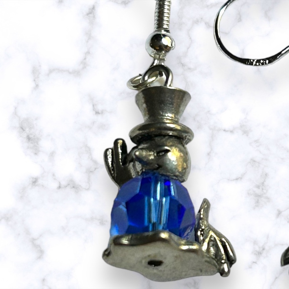 Handmade Earrings Snowman Swarovski Blue Crystal Dangle Pierced Gift - Picture 4 of 10